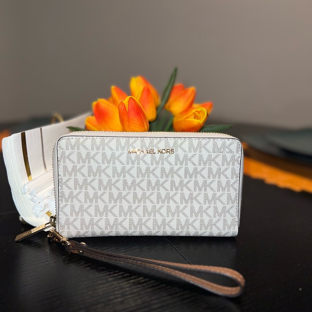 Michael Kors White and Brown Wallet with Monogram Design